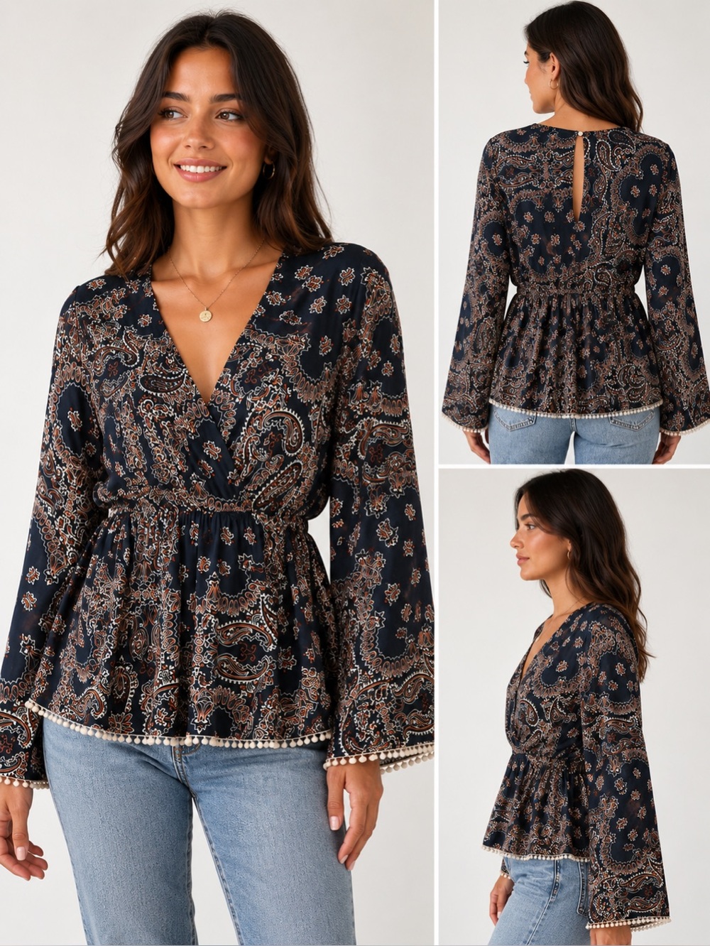 Boho Paisley Bell Sleeve Peplum Top w/ Pom Pom Trim- Cottagecore Medium
